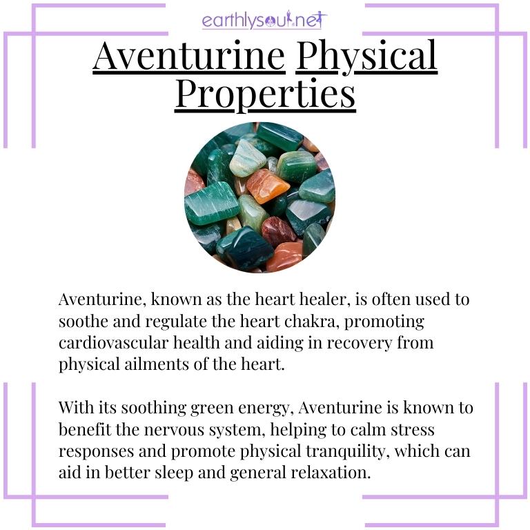 Aventurine crystals showcasing physical healing properties, cardiovascular health and relaxation promotion