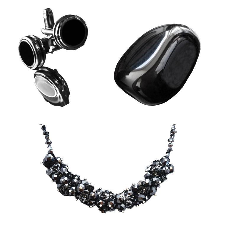 Black onyx cufflinks, necklace and crystal stone