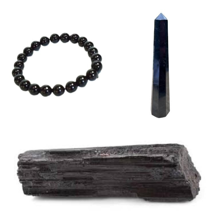 Black tourmaline bracelet, healing wand and natural black tourmaline stone