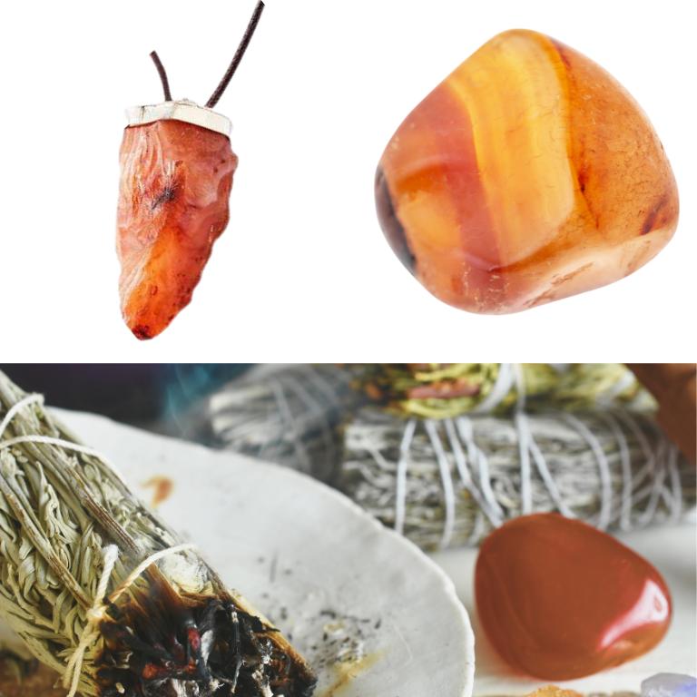 Raw carnelian necklace and polished carnelian stone