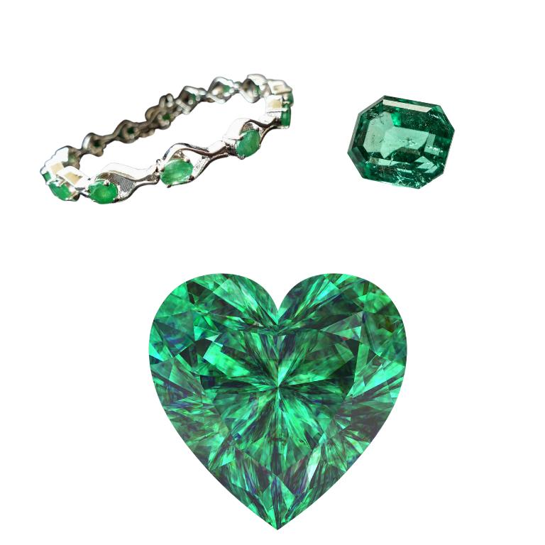 Emerald crystal, bracelet and a heart shaped emerald