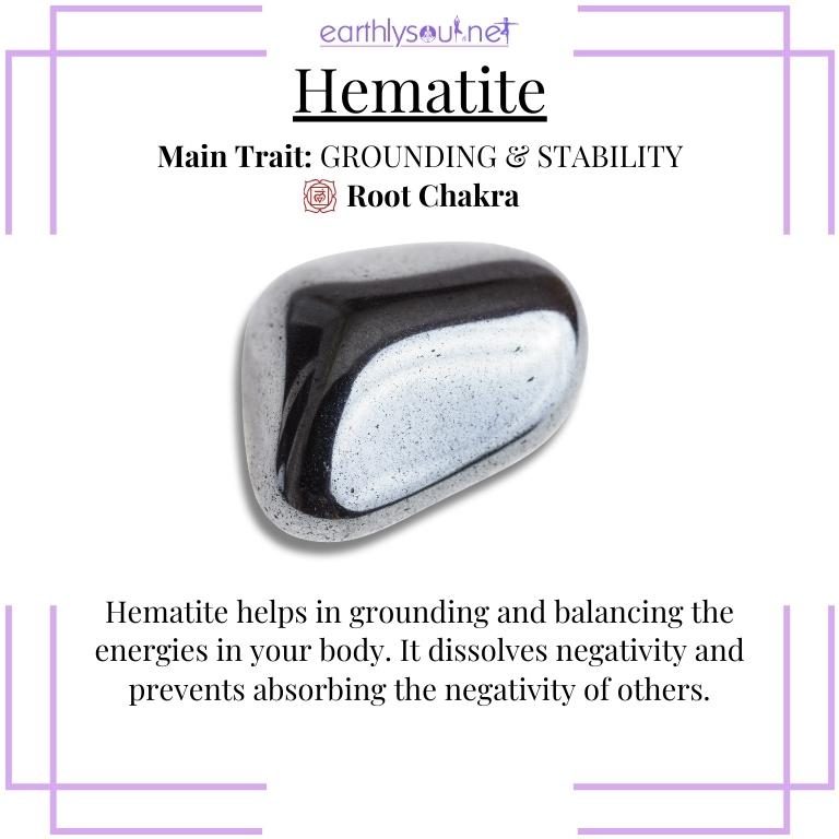 Metallic gray hematite promoting grounding and stability