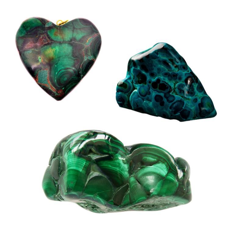 Polished malachite heart and natural stone
