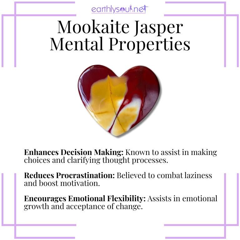 Mookaite jasper crystals illustrating mental healing properties: enhancing decision making, reducing procrastination, and encouraging emotional flexibility