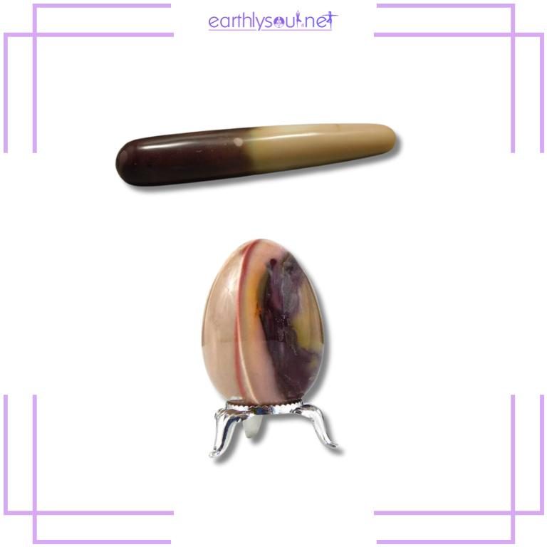 Mookaite jasper stone shaped like egg on crystal stand and a separate massage wand