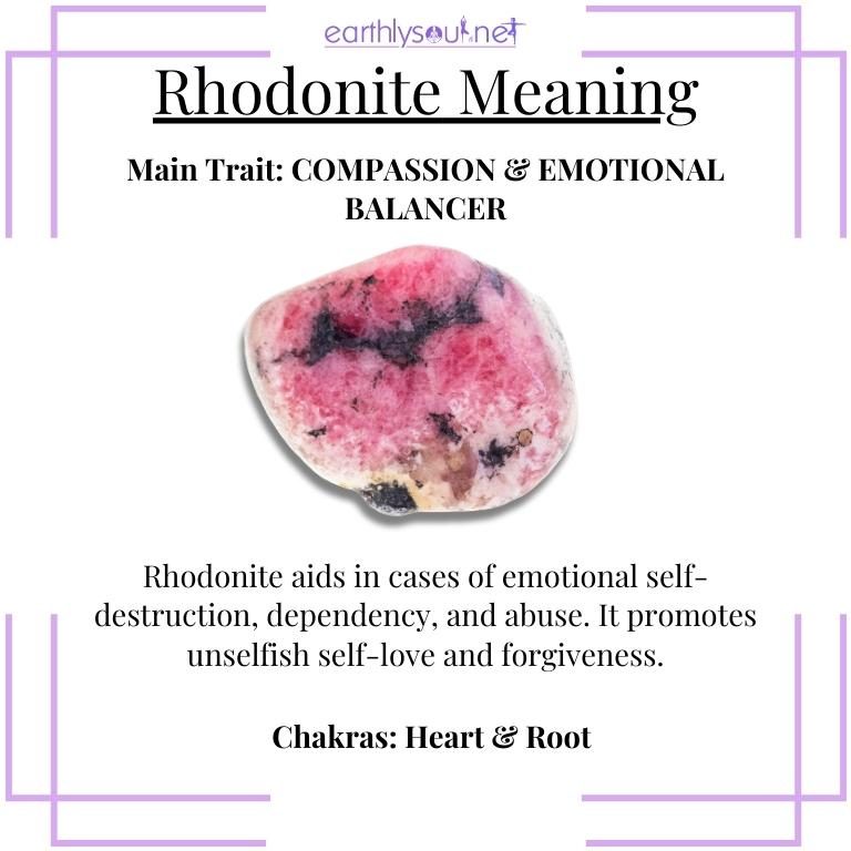 Pink with black veins, rhodonite crystal, fostering compassion and emotional balance