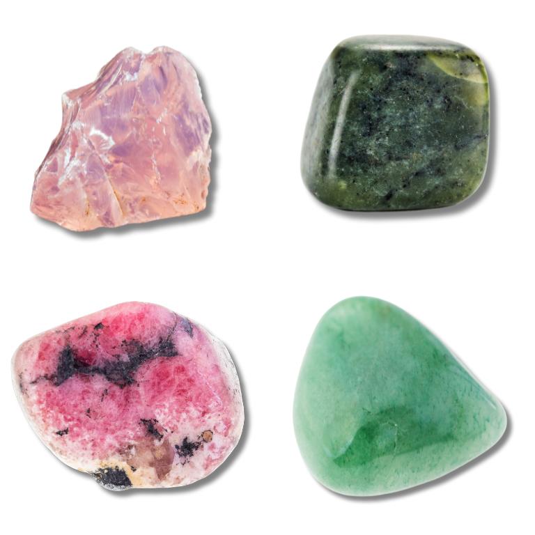 A rose quartz, green aventurine, rhodonite and serpentine picture