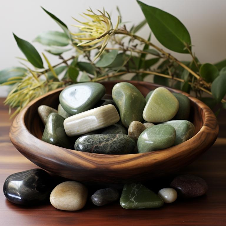 Serpentine meditation stones in a wooden bowl