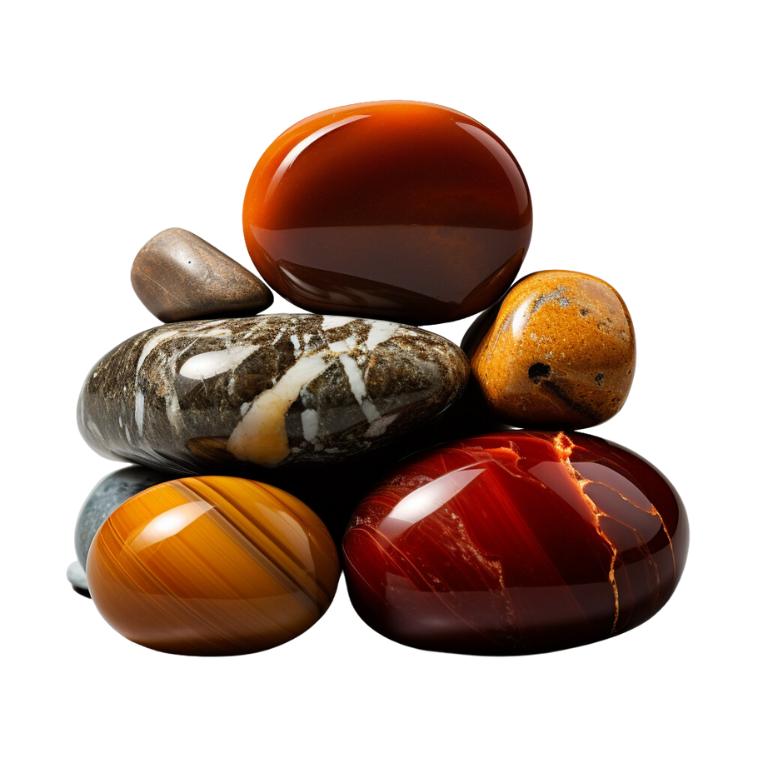 Red jasper, carnelian, tigers eye and serpentine that are neatly arranged