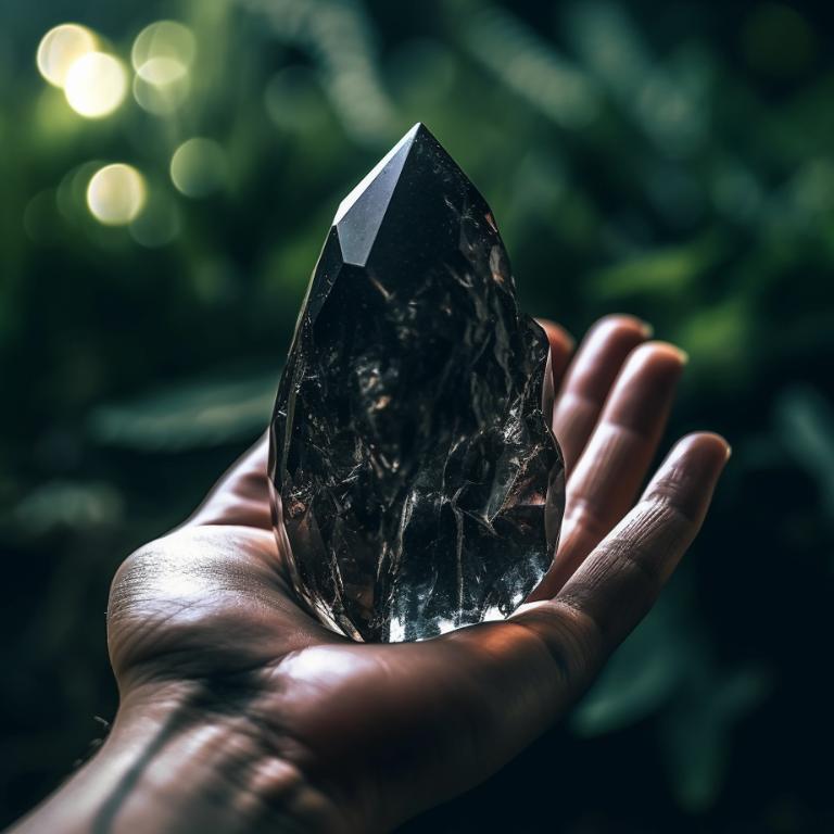 Hand holding black tourmaline crystal during activation process