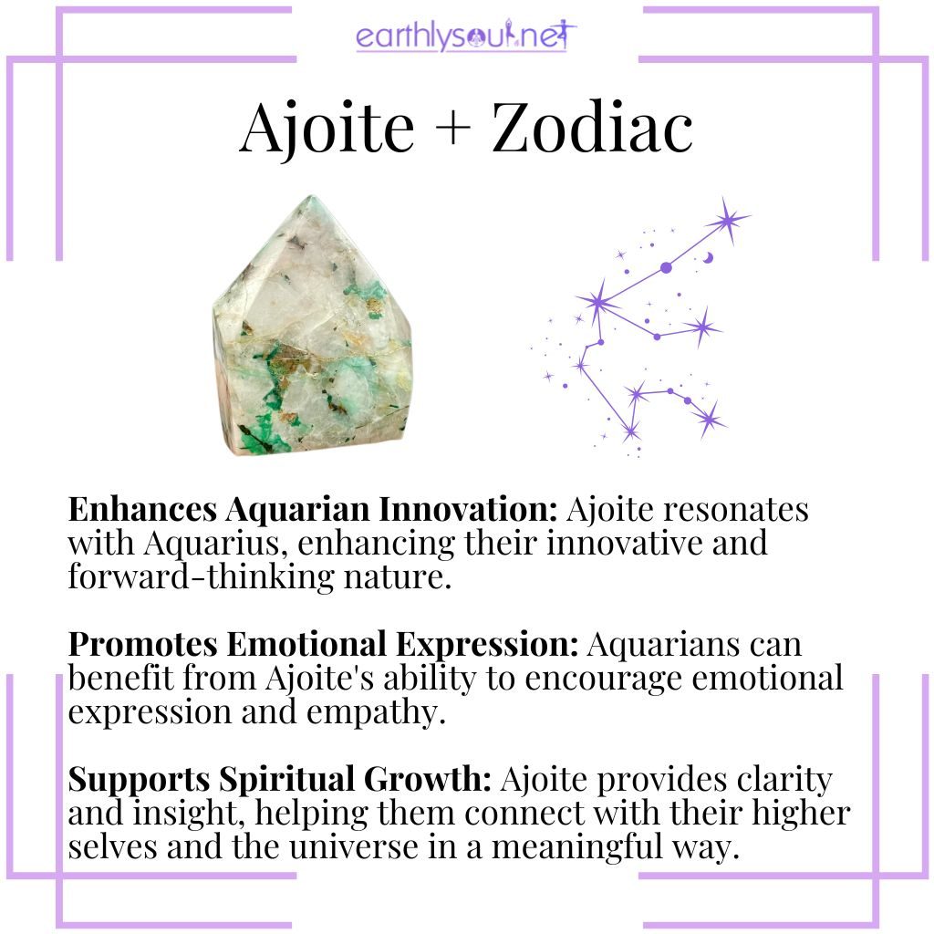Ajoite supports aquarius innovation, promotes emotional expression, and aids in spiritual growth.