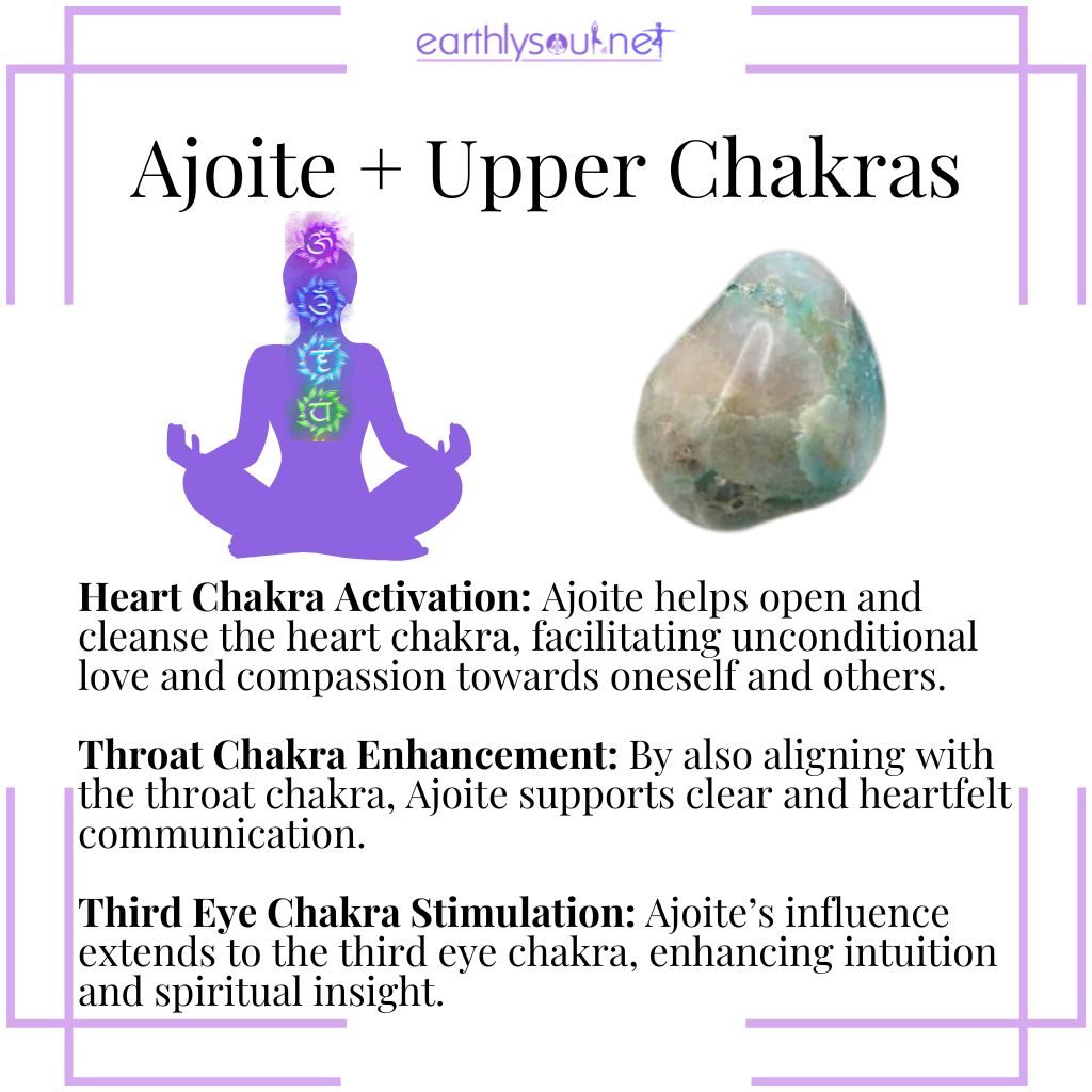 Ajoite activates the heart chakra, enhances throat chakra for clear communication, and stimulates the third eye for spiritual insight.