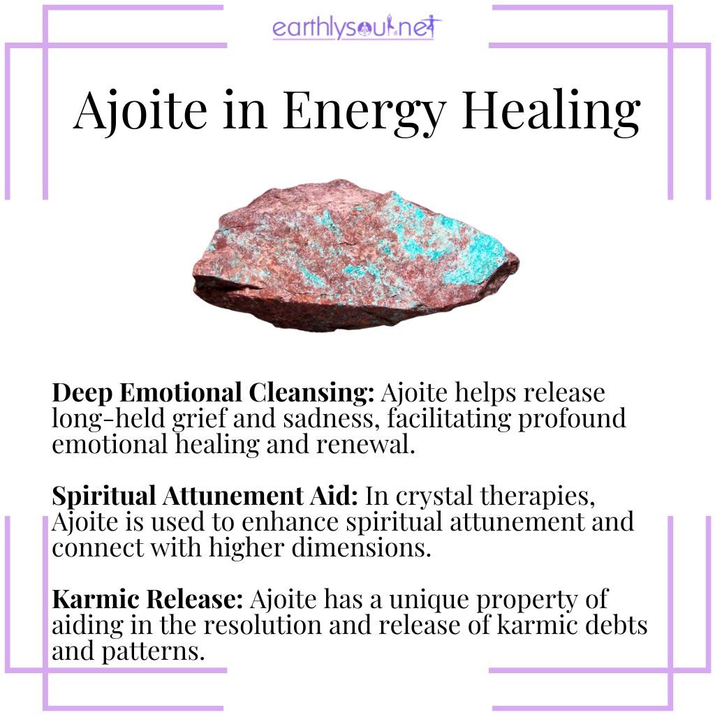 Ajoite used in energy healing for deep emotional cleansing, spiritual attunement, and resolving karmic patterns.
