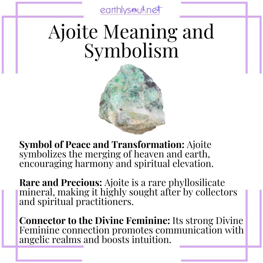 Ajoite symbolizes peace and transformation, is a rare mineral from south africa, and connects to the divine feminine.