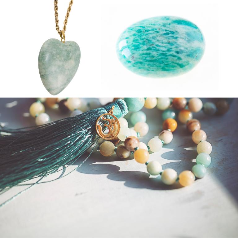 Amazonite collection including heart shape pendant, necklace and stone
