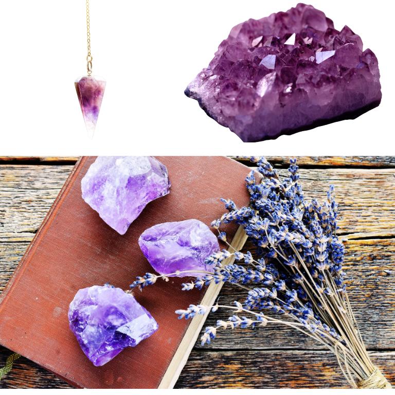 Amethyst collection photo of necklace, geode and amethyst crystals on top of a book
