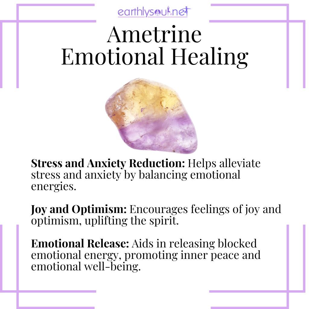 Ametrine for emotional healing reducing stress and anxiety, fostering joy and optimism, aiding emotional release