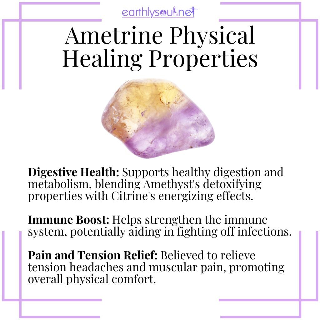 Ametrine for physical health aiding digestion, boosting immunity, and relieving pain and tension