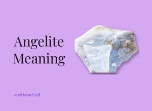 Angelite meaning title beside a pale blue raw angelite stone on a lilac background