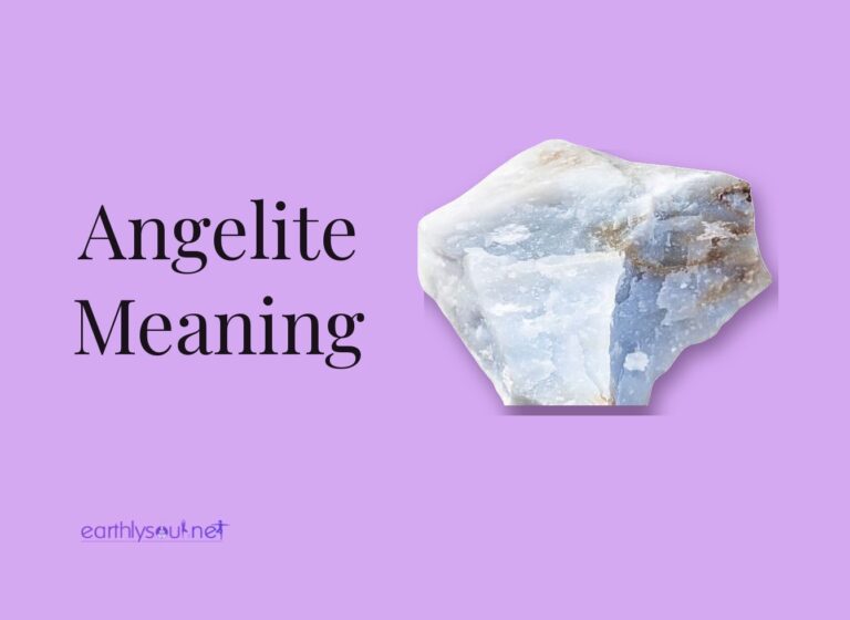Angelite meaning title beside a pale blue raw angelite stone on a lilac background