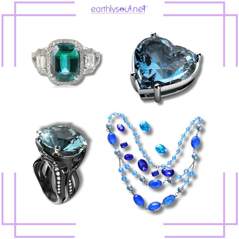 Photo of aquamarine rings and necklace