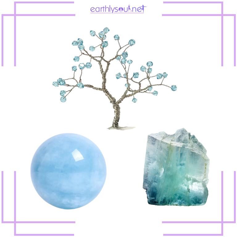 Photo of aquamarine sphere, crystal tree and geode