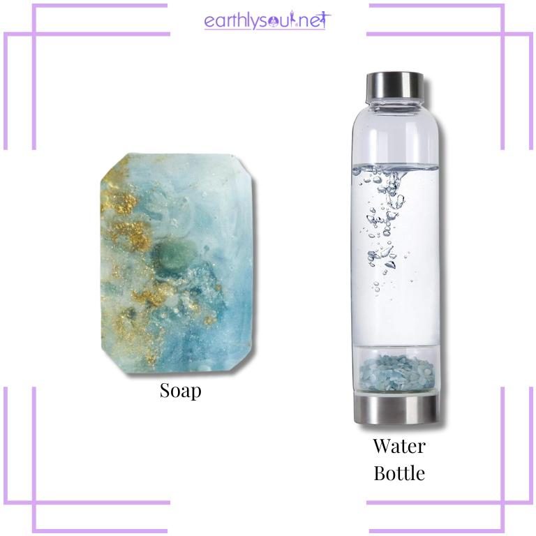 Photo of aquamarine water bottle and aquamarine soap
