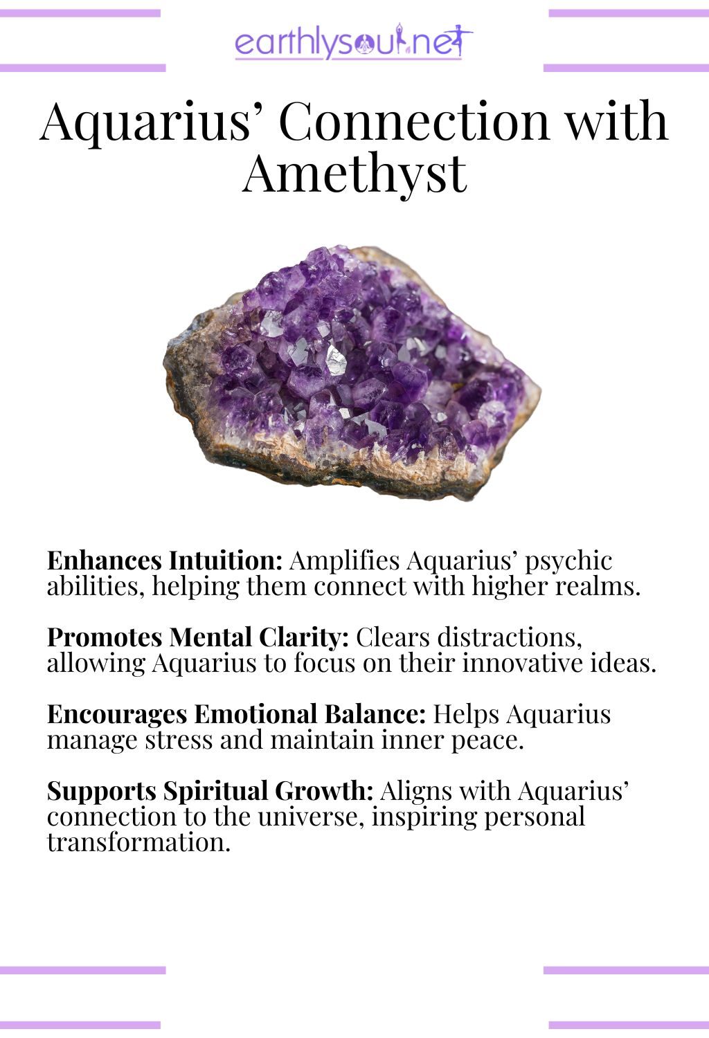 Amethyst crystal, enhancing intuition and promoting mental clarity, ideal for aquarius zodiac signs.