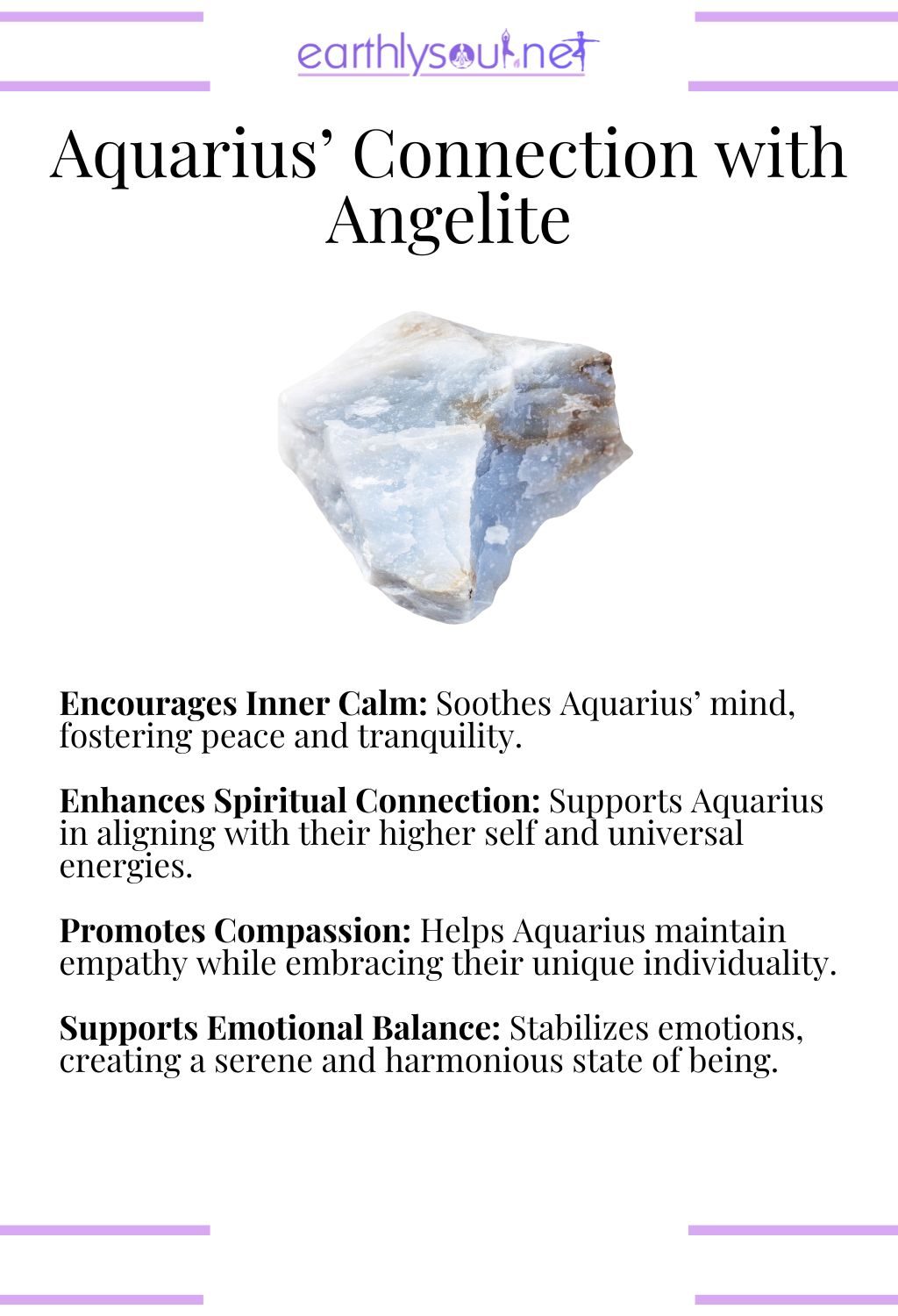 Angelite crystal, encouraging inner calm and enhancing spiritual connection, perfect for aquarius zodiac signs seeking serenity.