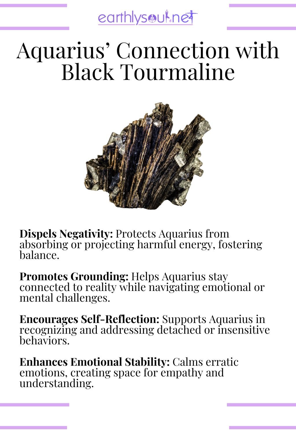 Black tourmaline crystal, dispelling negativity and promoting grounding, ideal for aquarius zodiac signs overcoming challenges.