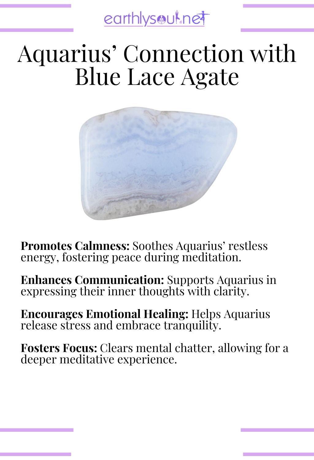 Blue lace agate crystal, promoting calmness and enhancing communication, ideal for aquarius meditation.