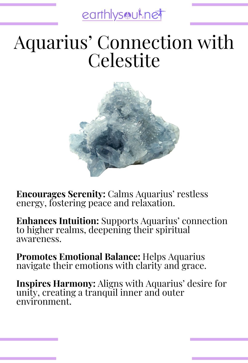 Celestite crystal, encouraging serenity and promoting emotional balance, perfect for aquarius zodiac signs seeking inner peace.