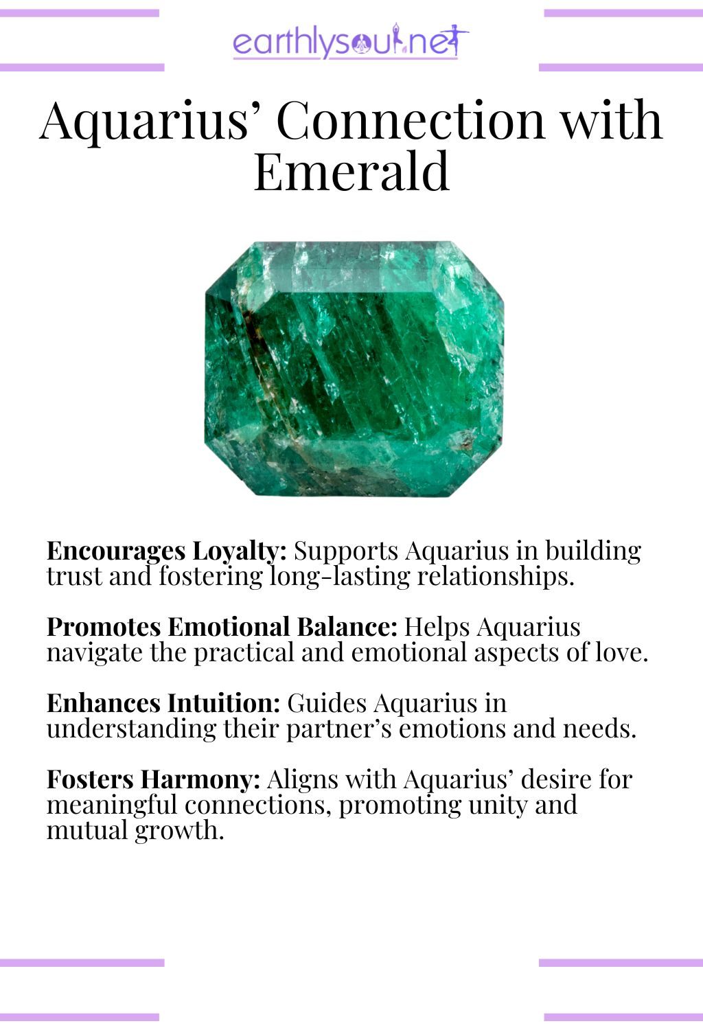 Emerald crystal, encouraging loyalty and promoting emotional balance, perfect for aquarius zodiac signs in relationships.