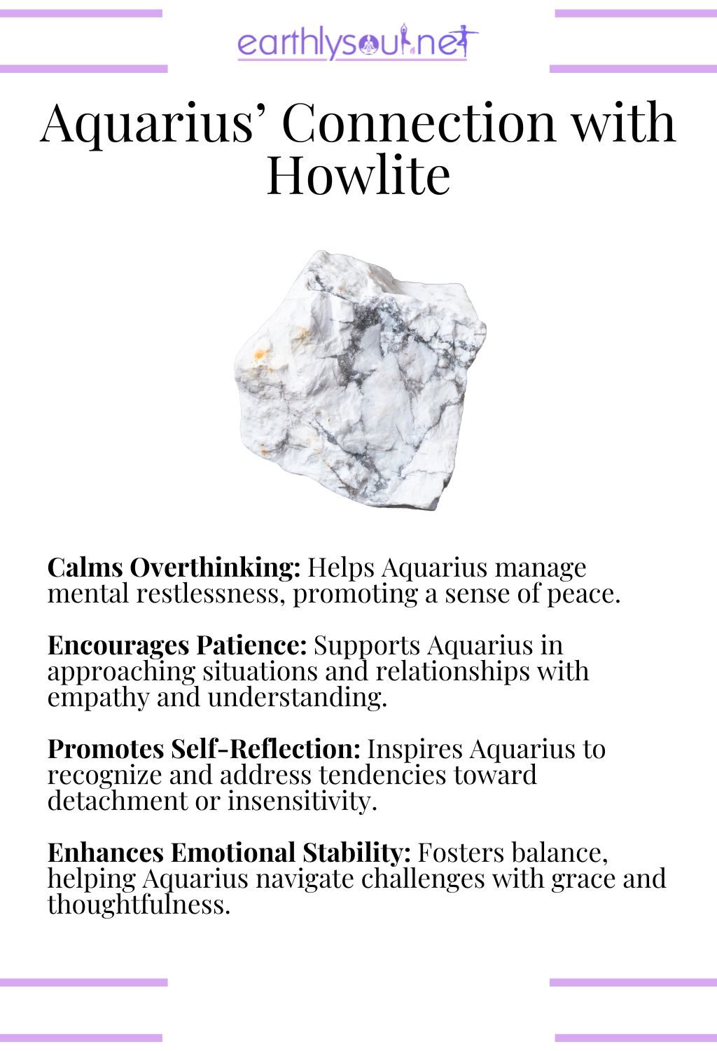 Howlite crystal, calming overthinking and promoting self-reflection, perfect for aquarius zodiac signs overcoming challenges.