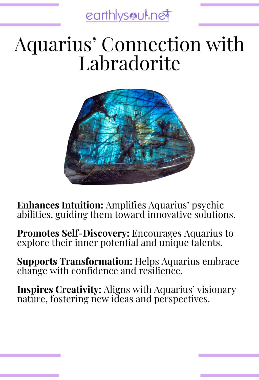 Labradorite crystal, enhancing intuition and inspiring creativity, perfect for aquarius zodiac signs maximizing their strengths.