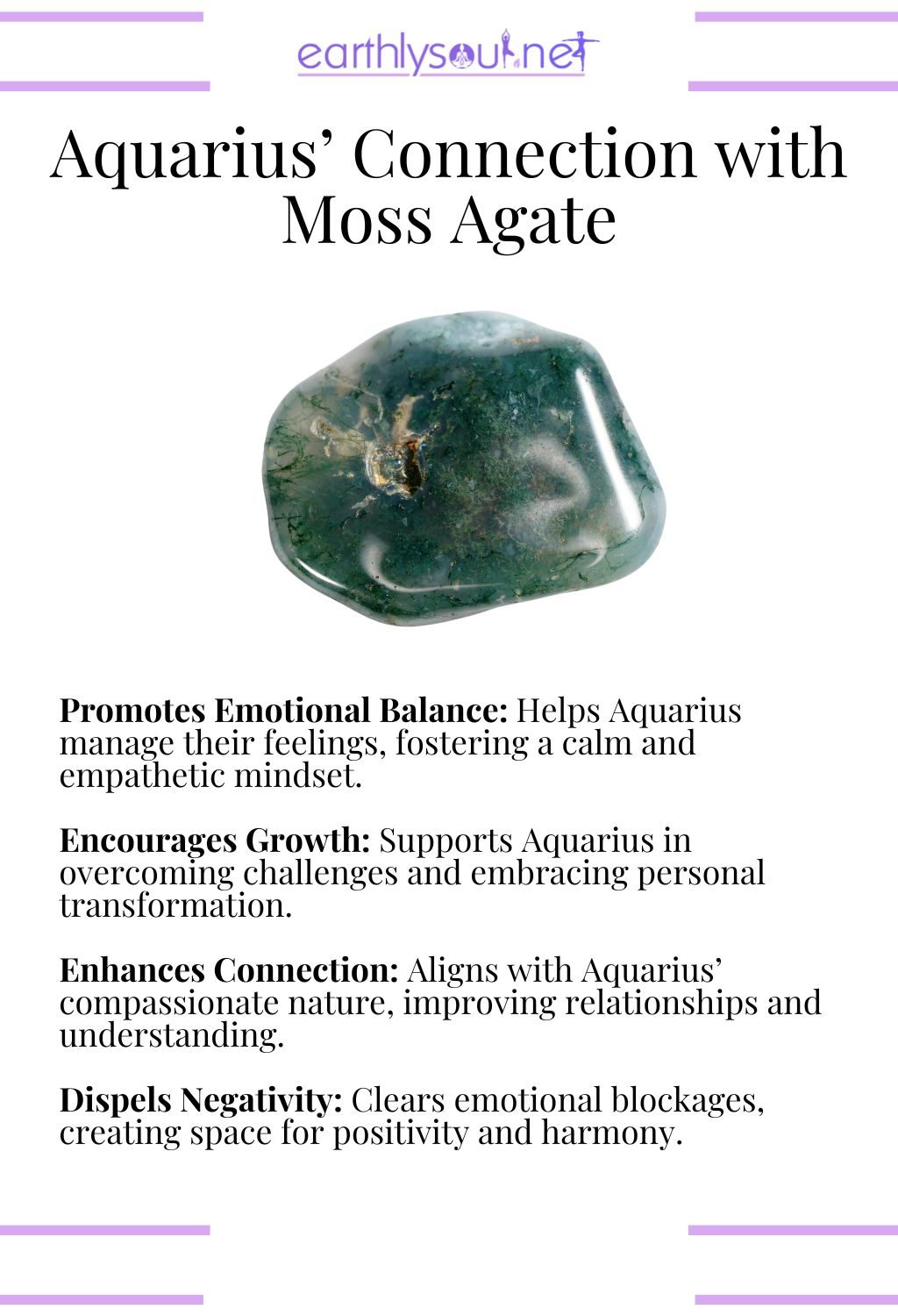 Moss agate crystal, promoting emotional balance and encouraging personal growth, ideal for aquarius zodiac signs overcoming challenges.