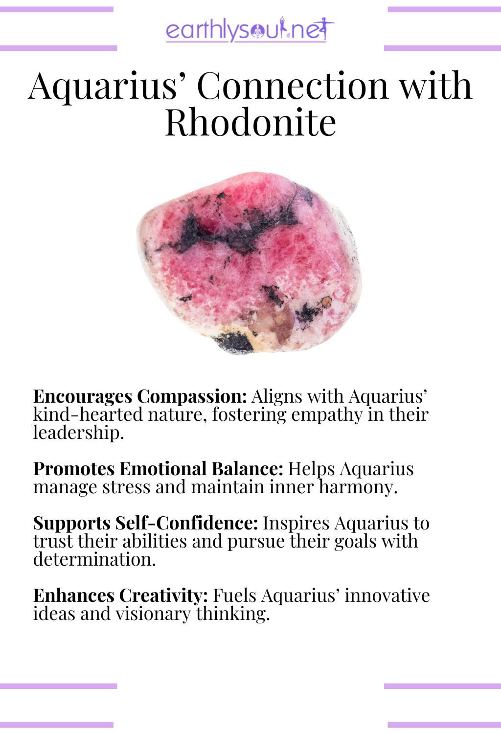 Rhodonite crystal, encouraging compassion and promoting emotional balance, ideal for aquarius zodiac signs maximizing their strengths.