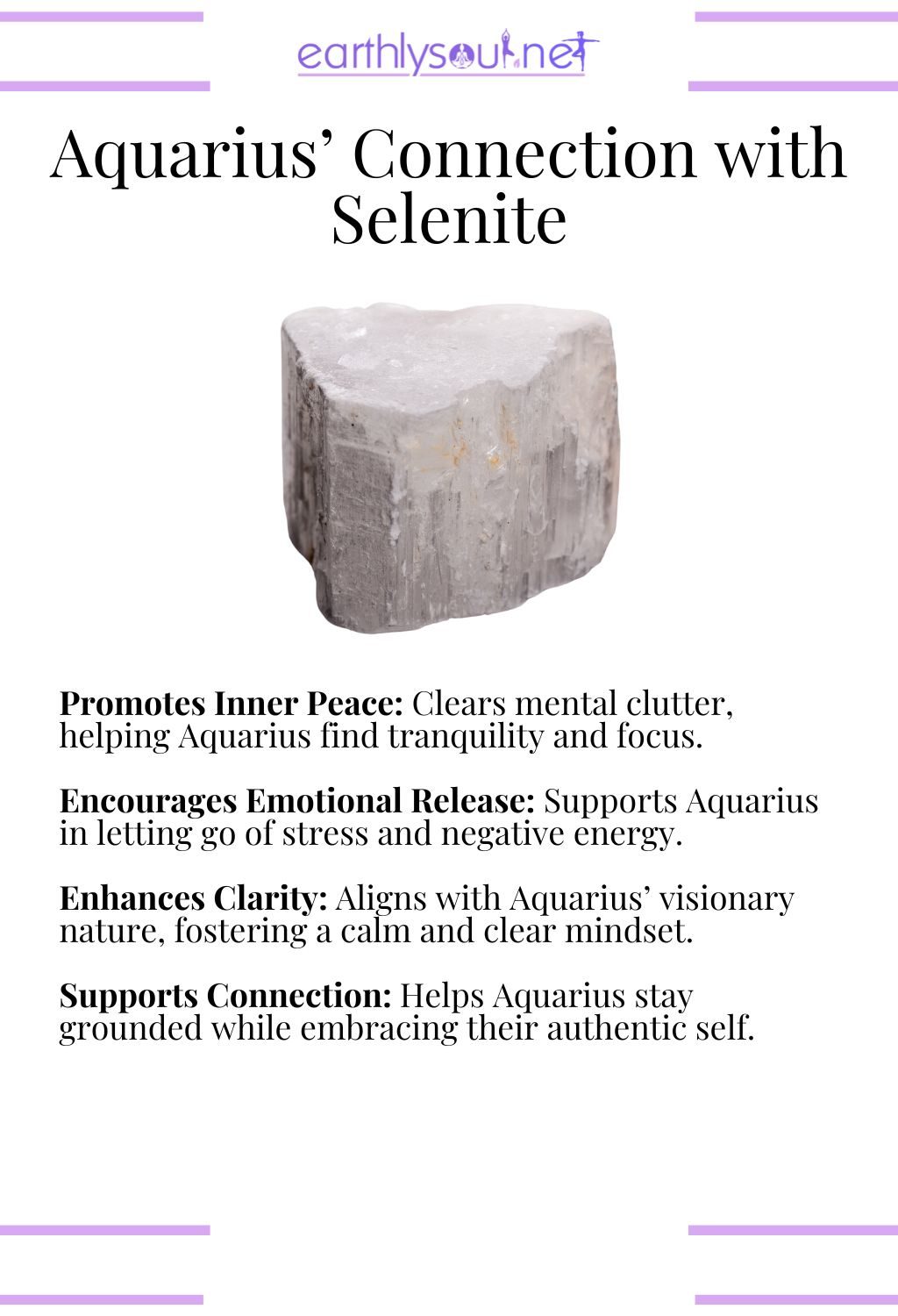 Selenite crystal, promoting inner peace and emotional release, ideal for aquarius zodiac signs seeking tranquility.