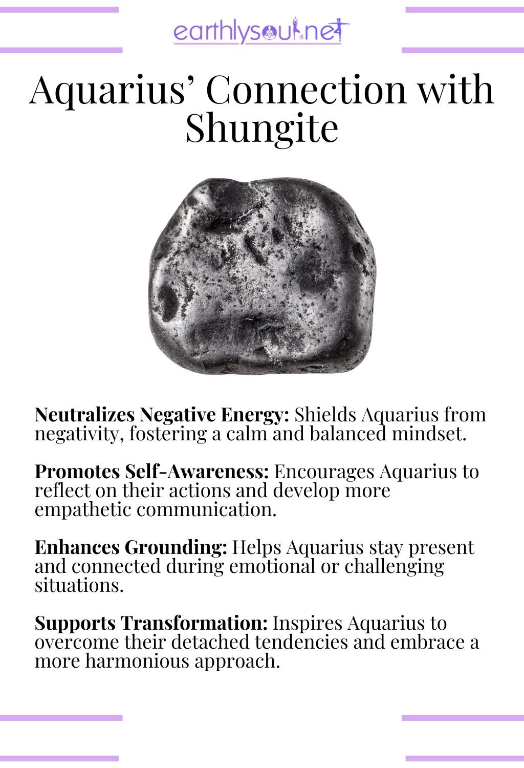 Shungite crystal, neutralizing negative energy and promoting self-awareness, perfect for aquarius zodiac signs overcoming challenges.
