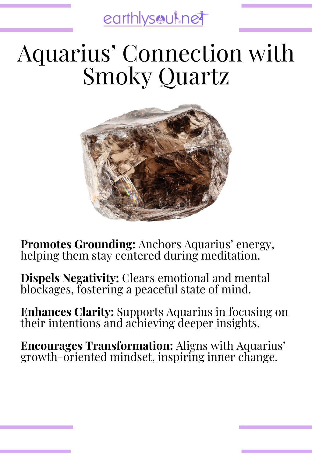Smoky quartz crystal, promoting grounding and dispelling negativity, ideal for aquarius meditation.