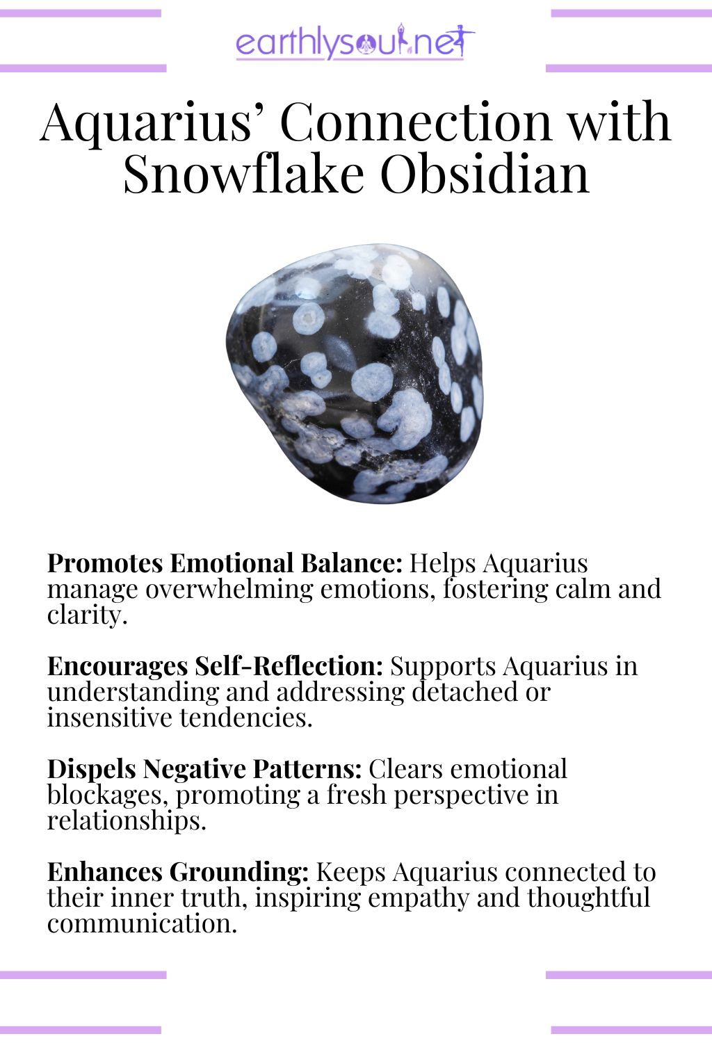 Snowflake obsidian crystal, promoting emotional balance and encouraging self-reflection, ideal for aquarius zodiac signs overcoming challenges.