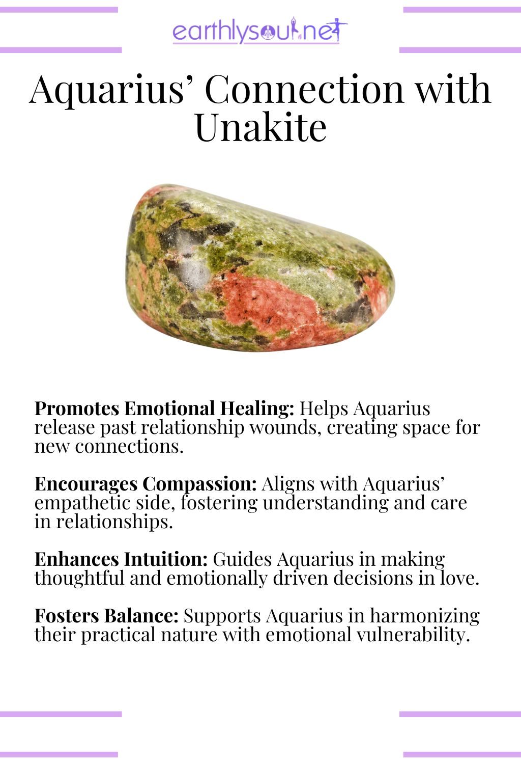 Unakite crystal, promoting emotional healing and fostering compassion, ideal for aquarius zodiac signs in relationships.