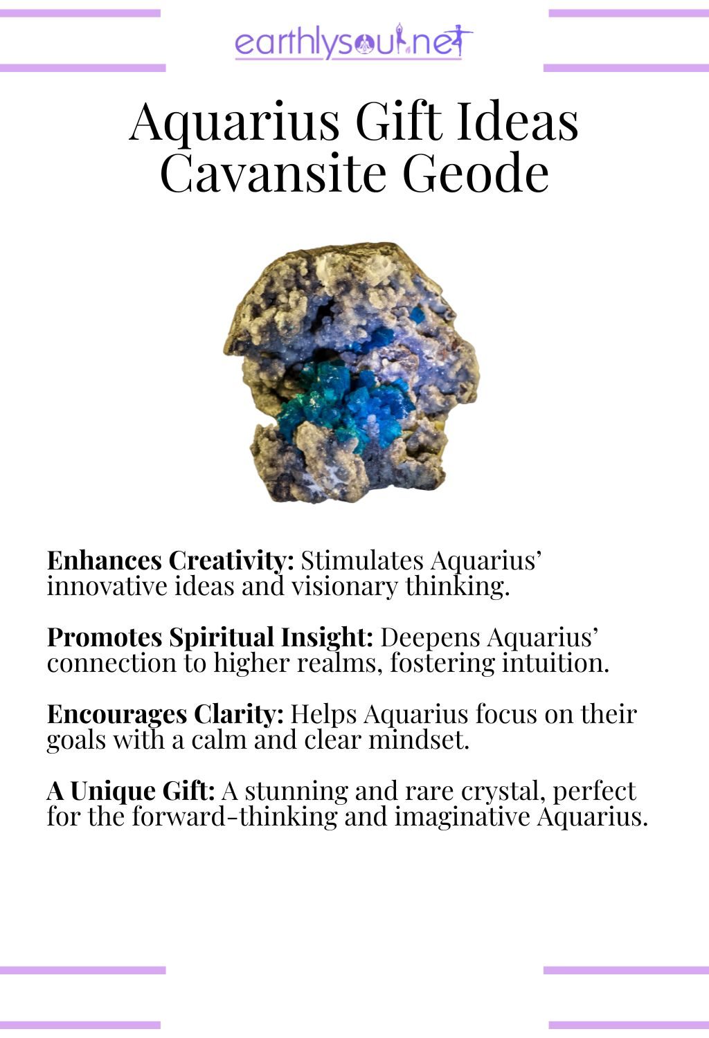 Cavansite geode, enhancing creativity and promoting spiritual insight, ideal as a gift for aquarius zodiac signs.