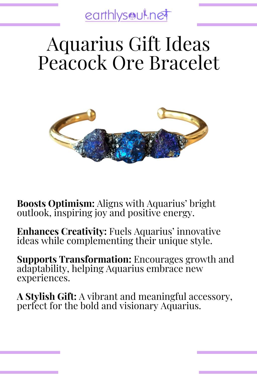 Peacock ore bracelet, boosting optimism and enhancing creativity, ideal as a gift for aquarius zodiac signs.
