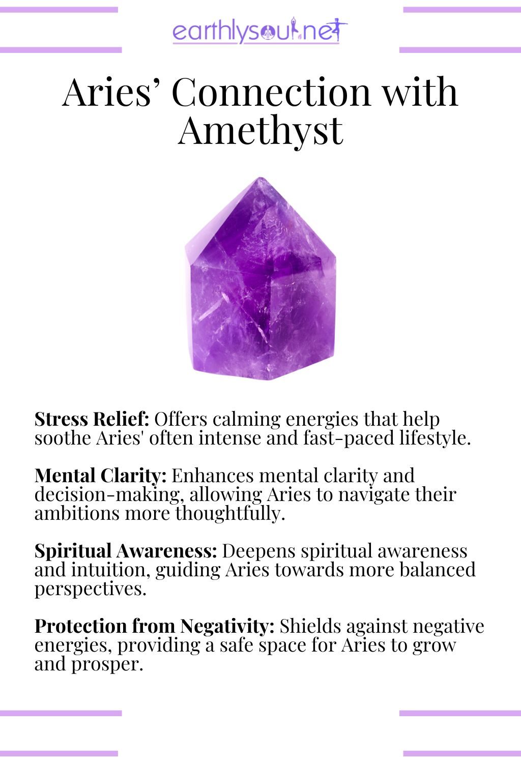 Amethyst crystal, promoting stress relief and spiritual awareness, ideal for aries.