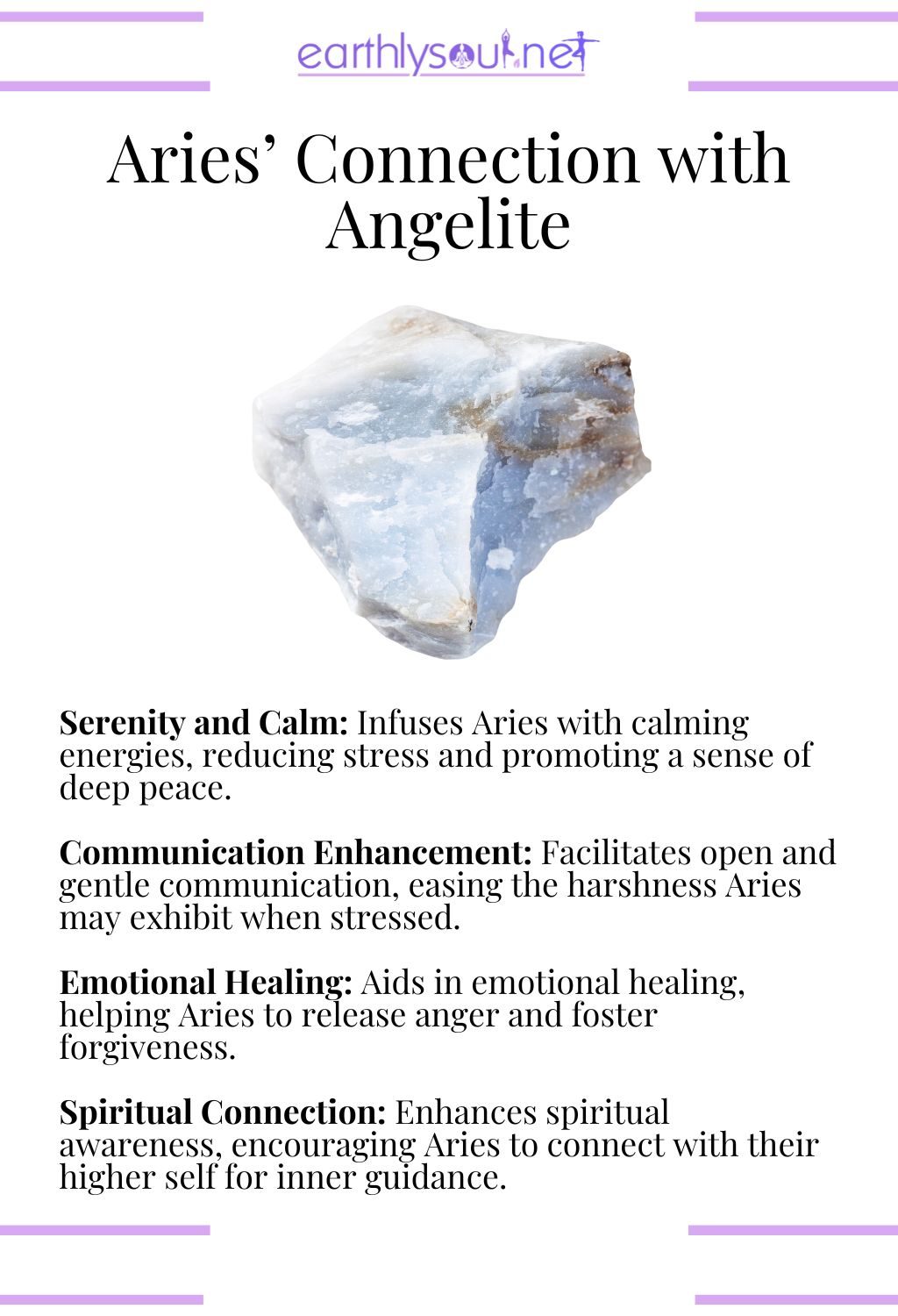 Angelite crystal, known for promoting serenity and enhancing communication, perfect for aries seeking calm.