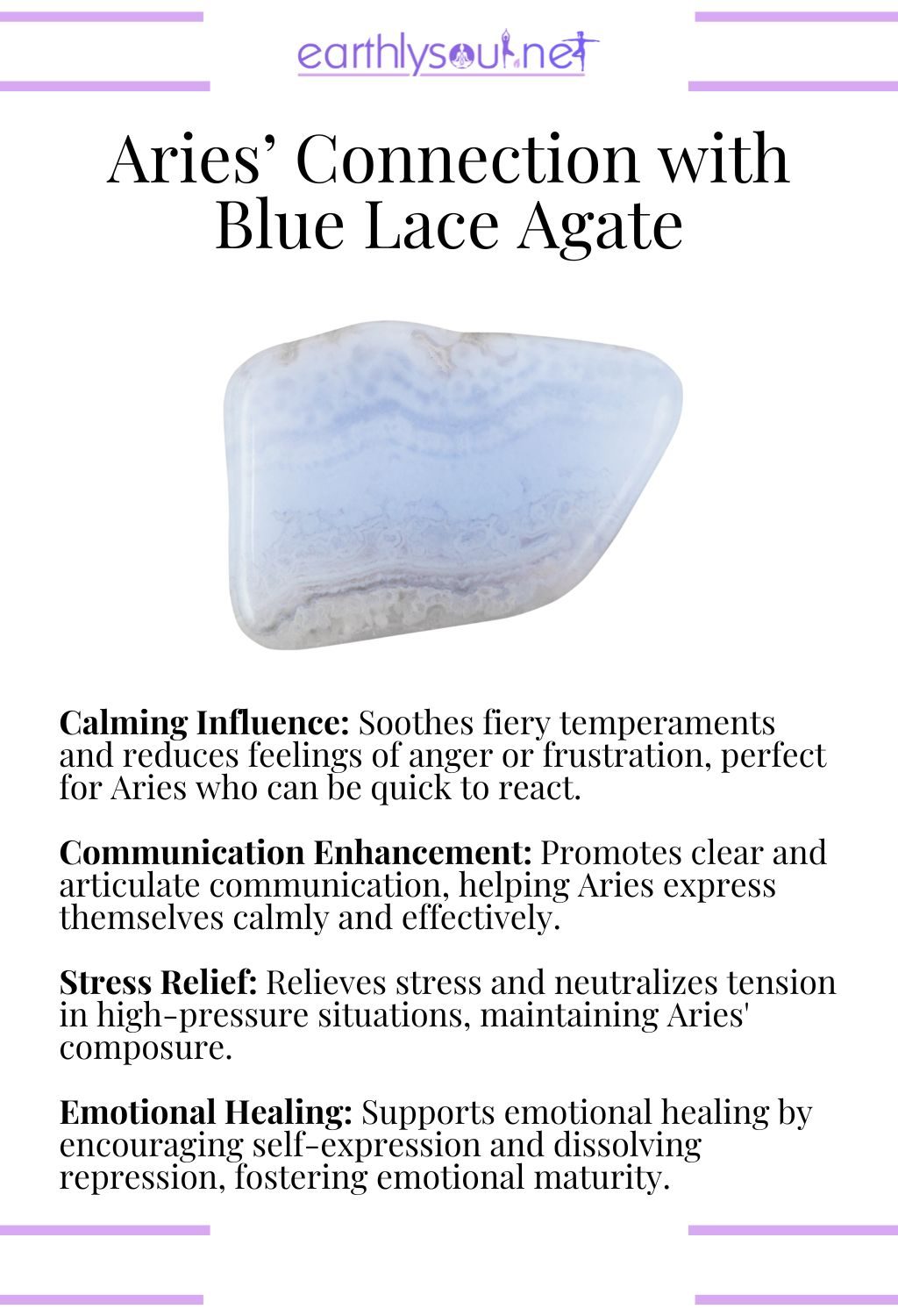 Blue lace agate crystal, enhancing communication and providing calming effects, suited for aries.