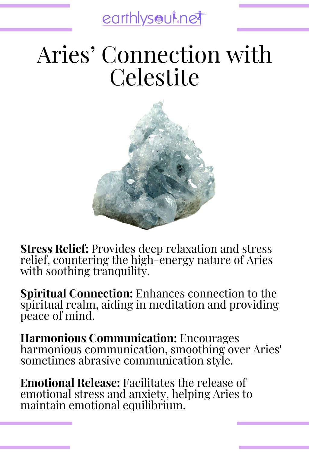 Celestite crystal, known for providing stress relief and enhancing spiritual connection, ideal for aries.
