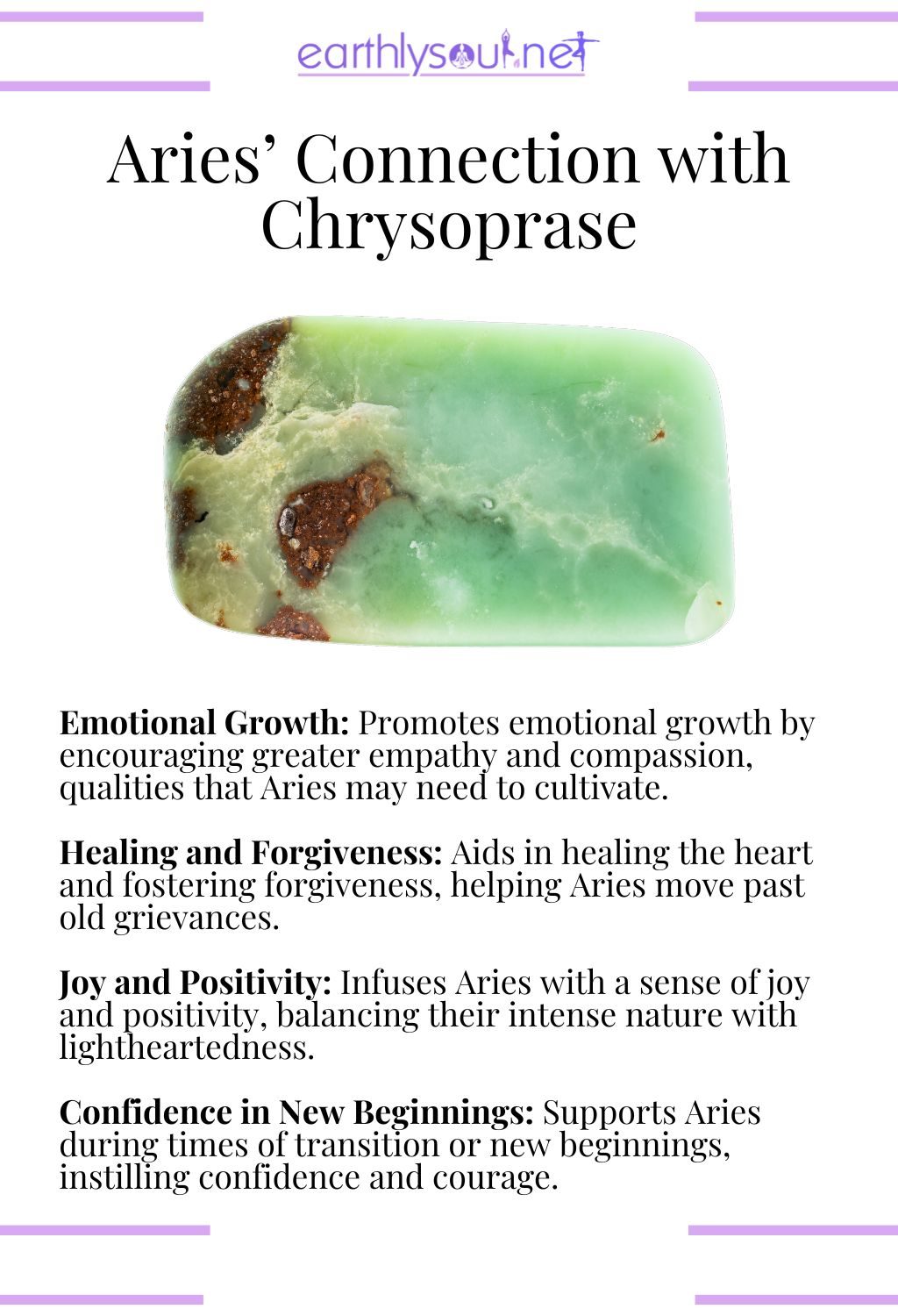 Chrysoprase crystal, enhancing emotional growth and promoting joy, ideal for aries.