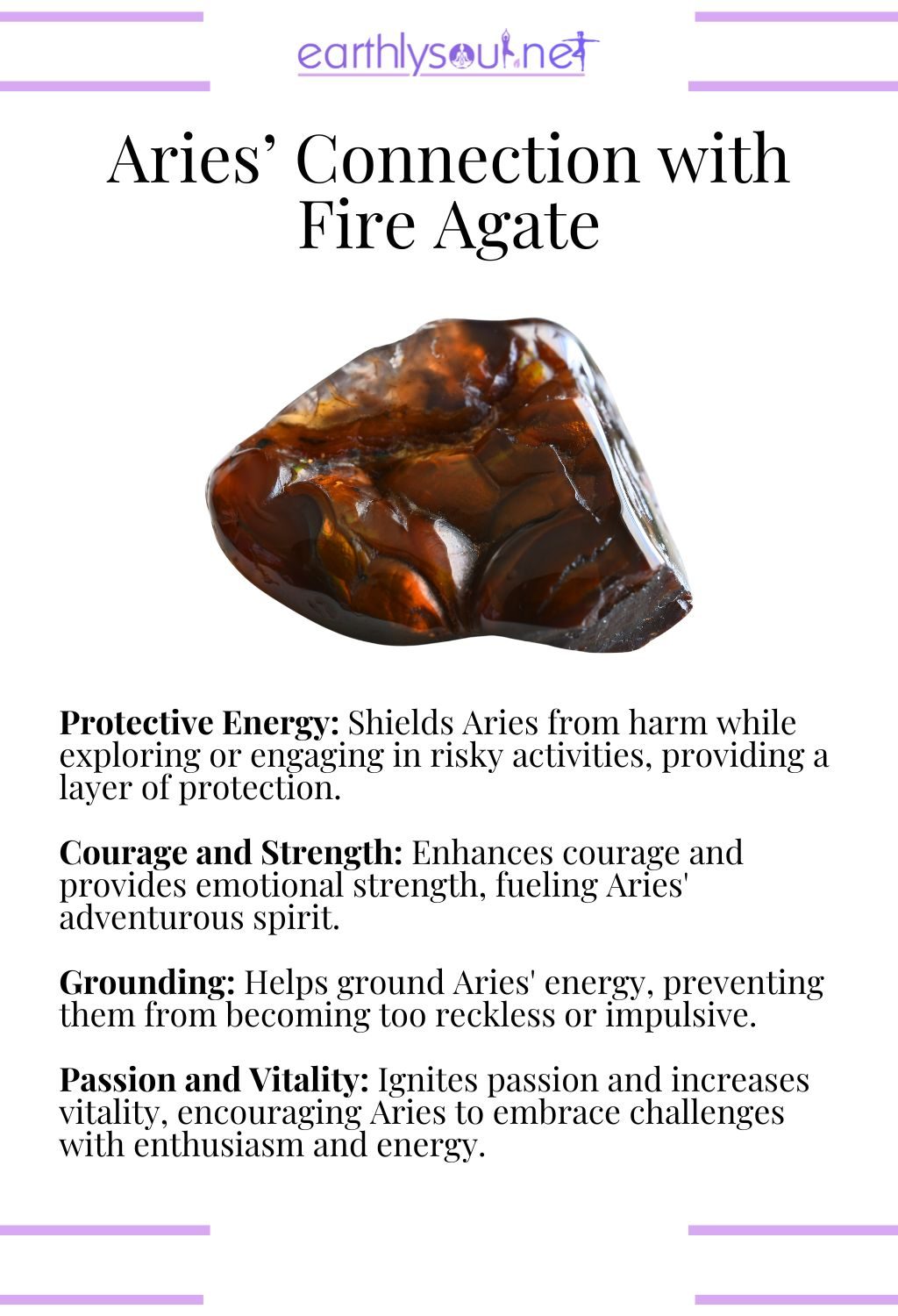 Fire agate crystal, known for providing protection and enhancing courage, ideal for adventurous aries.